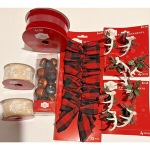 Christmas Bows Bells Deer Antler Ornaments & Ribbon Bundle of 7 Holiday Time NEW